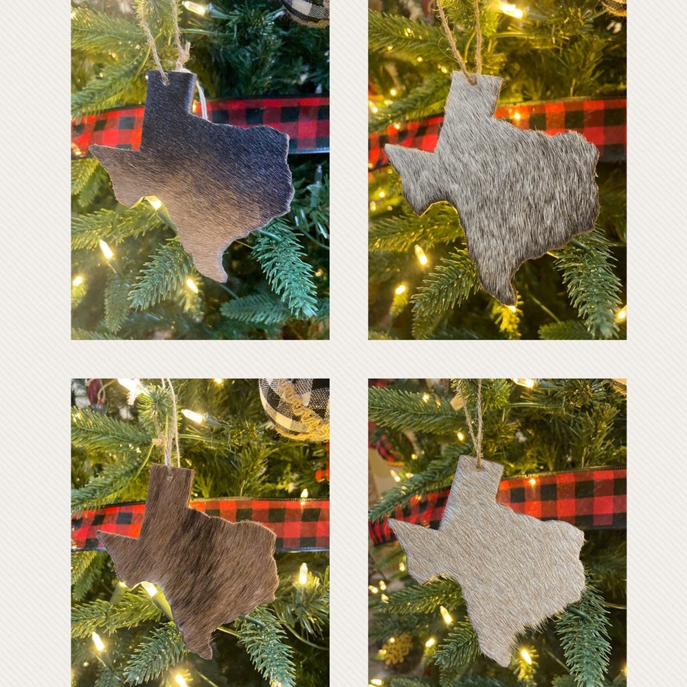Handmade cowhide and wood Texas ornaments